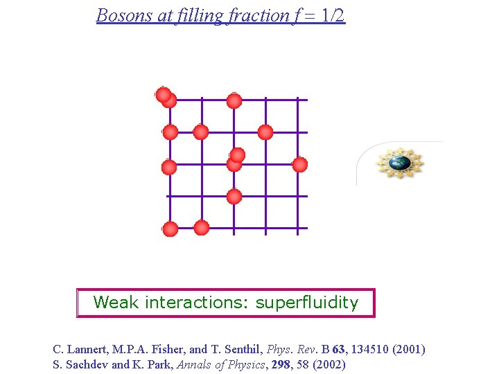 Bosons at filling fraction f = 1/2 Weak interactions: superfluidity C. Lannert, M. P.