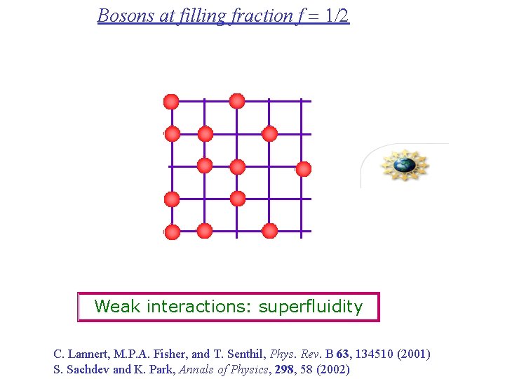 Bosons at filling fraction f = 1/2 Weak interactions: superfluidity C. Lannert, M. P.