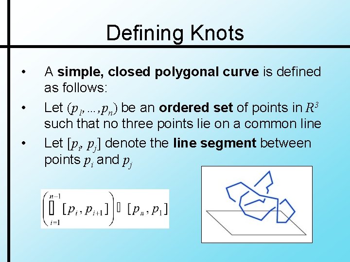 Defining Knots • • • A simple, closed polygonal curve is defined as follows: