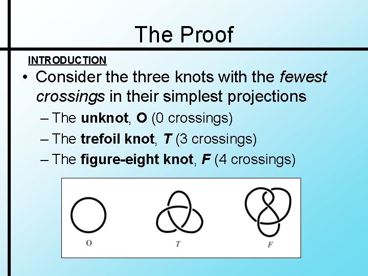 The Proof INTRODUCTION • Consider the three knots with the fewest crossings in their