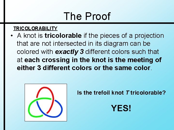 The Proof TRICOLORABILITY • A knot is tricolorable if the pieces of a projection