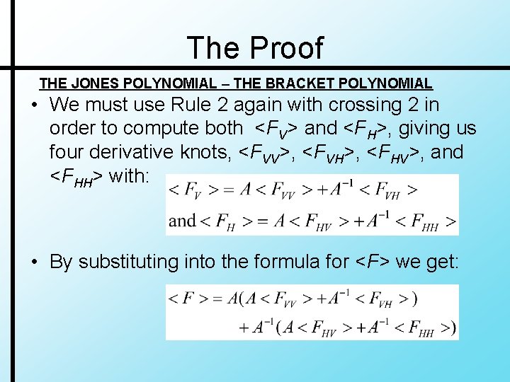The Proof THE JONES POLYNOMIAL – THE BRACKET POLYNOMIAL • We must use Rule