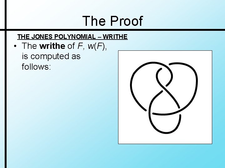 The Proof THE JONES POLYNOMIAL – WRITHE • The writhe of F, w(F), is