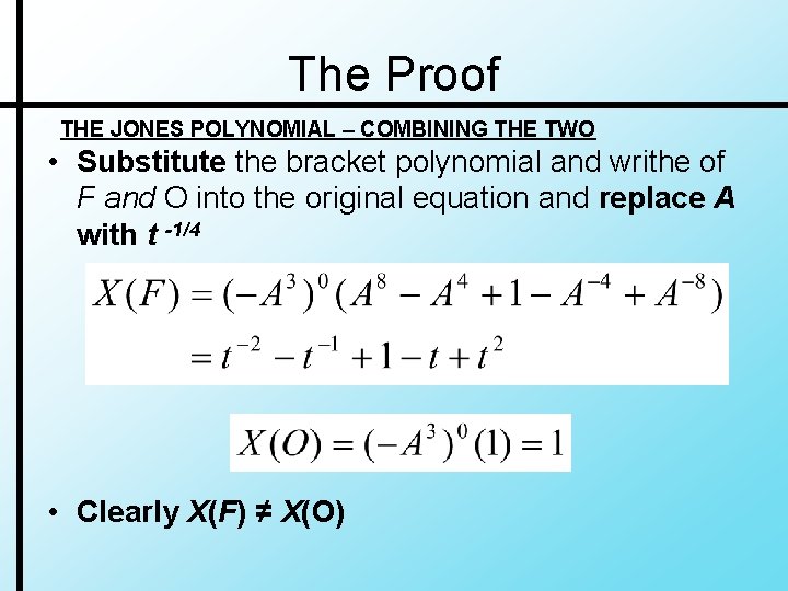 The Proof THE JONES POLYNOMIAL – COMBINING THE TWO • Substitute the bracket polynomial The Proof THE JONES POLYNOMIAL – COMBINING THE TWO • Substitute the bracket polynomial