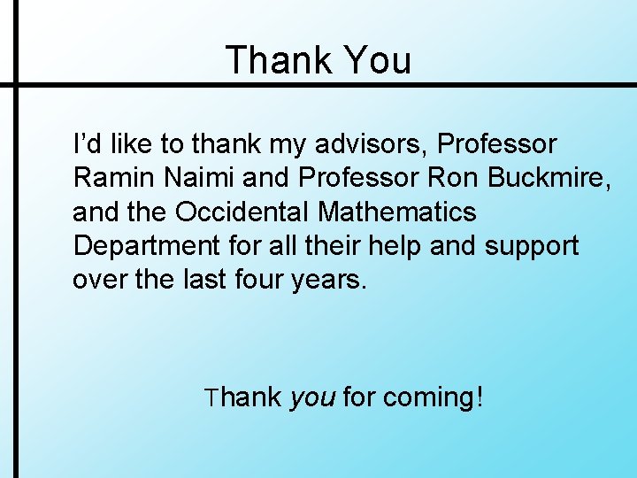 Thank You I’d like to thank my advisors, Professor Ramin Naimi and Professor Ron