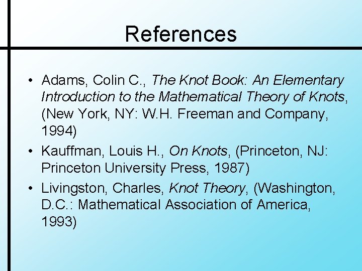 References • Adams, Colin C. , The Knot Book: An Elementary Introduction to the References • Adams, Colin C. , The Knot Book: An Elementary Introduction to the