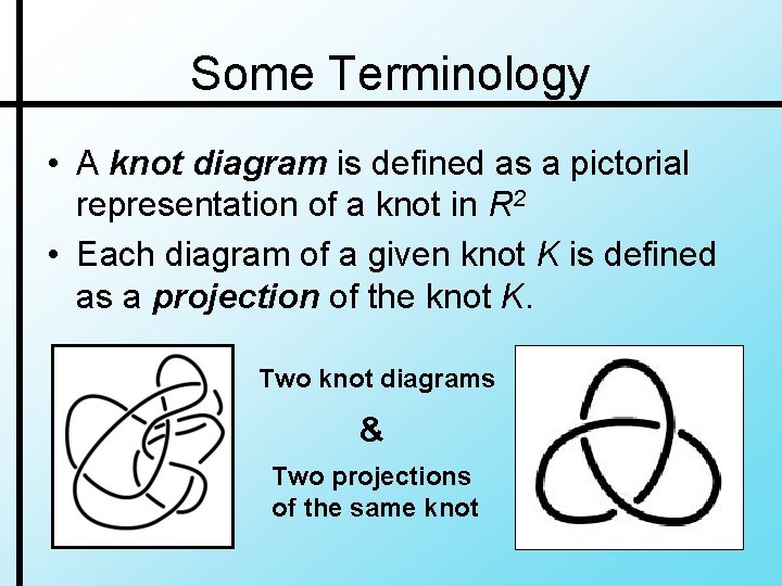 Some Terminology • A knot diagram is defined as a pictorial representation of a