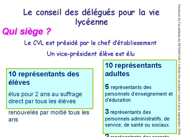 Qui siège ? Le CVL est présidé par le chef d’établissement Un vice-président élève