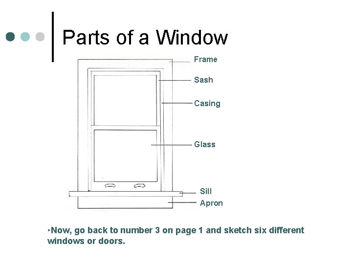 Parts of a Window Frame Sash Casing Glass Sill Apron • Now, go back