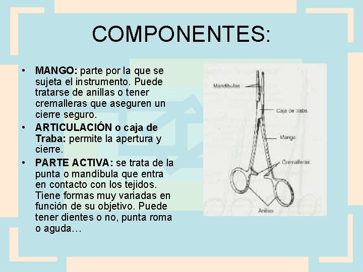 COMPONENTES: • MANGO: parte por la que se sujeta el instrumento. Puede tratarse de