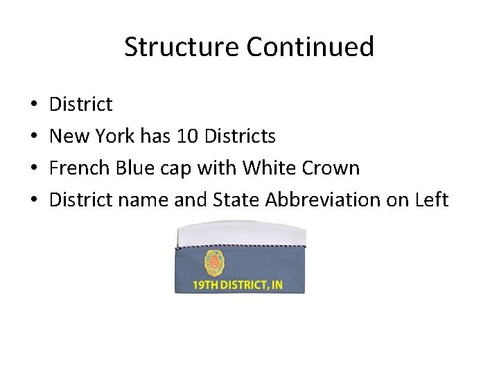 Structure Continued • • District New York has 10 Districts French Blue cap with