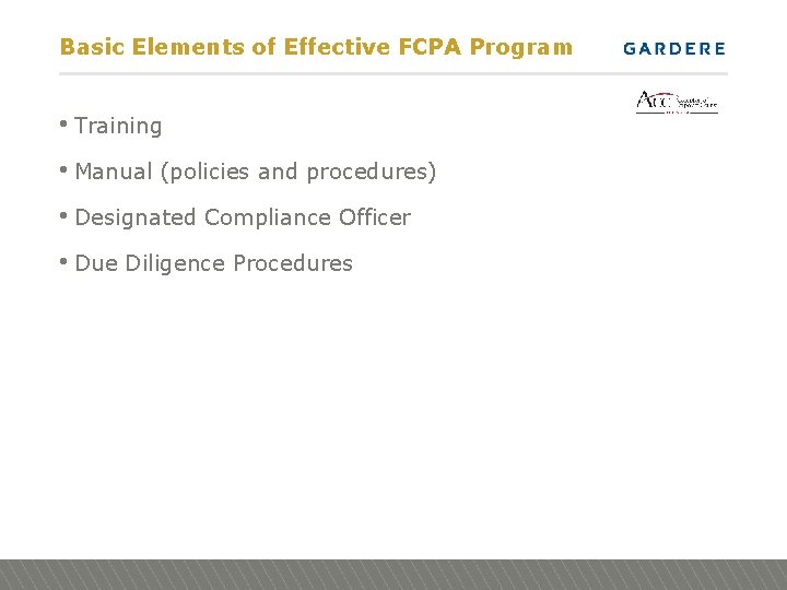 Basic Elements of Effective FCPA Program • Training • Manual (policies and procedures) •