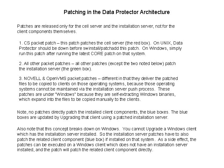 Patching in the Data Protector Architecture Patches are released only for the cell server