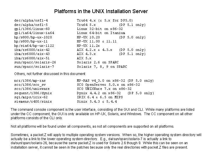 Platforms in the UNIX Installation Server dec/alpha/osf 1 -4 dec/alpha/osf 1 -5 gpl/i 386/linux-60