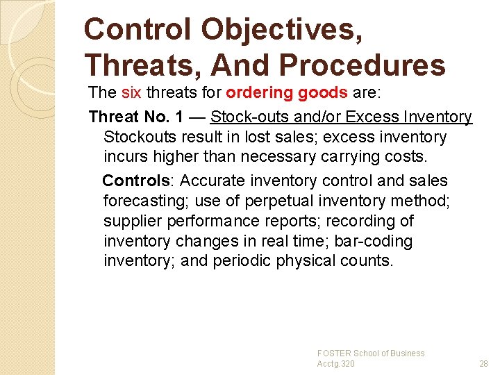 Control Objectives, Threats, And Procedures The six threats for ordering goods are: Threat No.