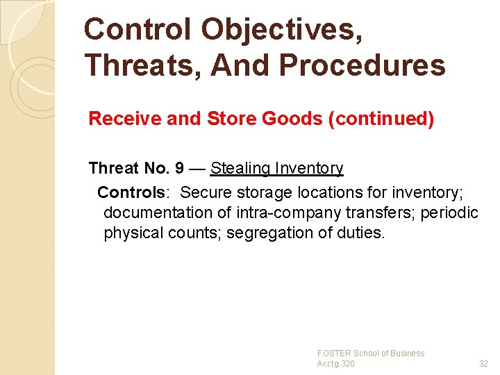 Control Objectives, Threats, And Procedures Receive and Store Goods (continued) Threat No. 9 —