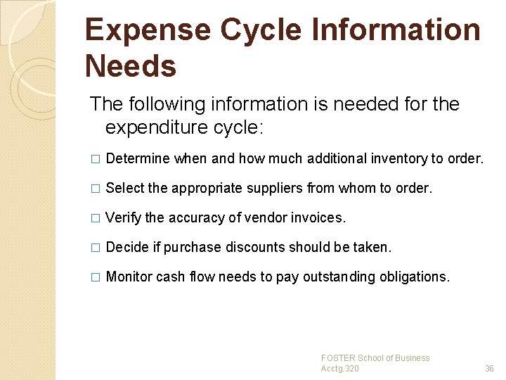 Expense Cycle Information Needs The following information is needed for the expenditure cycle: �