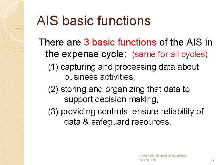 AIS basic functions There are 3 basic functions of the AIS in the expense