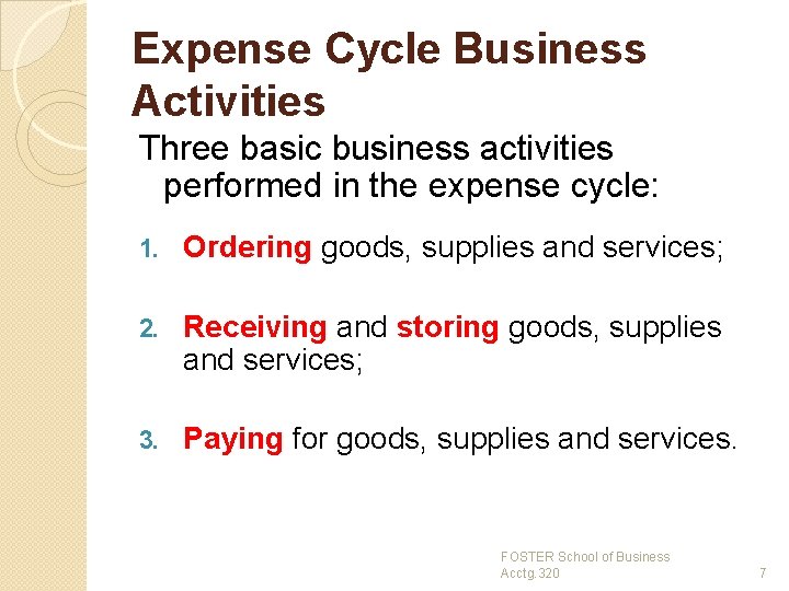 Expense Cycle Business Activities Three basic business activities performed in the expense cycle: 1.