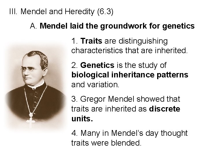 III. Mendel and Heredity (6. 3) A. Mendel laid the groundwork for genetics 1.