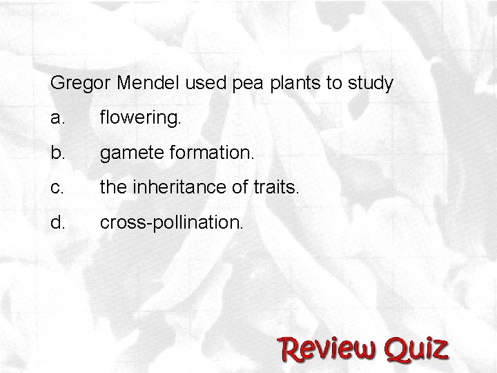 Gregor Mendel used pea plants to study a. flowering. b. gamete formation. c. the