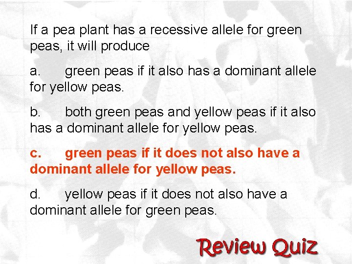 If a pea plant has a recessive allele for green peas, it will produce