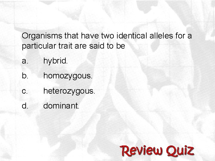 Organisms that have two identical alleles for a particular trait are said to be