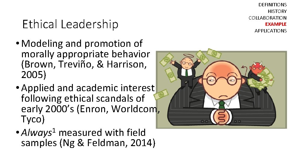 Ethical Leadership • Modeling and promotion of morally appropriate behavior (Brown, Treviño, & Harrison,