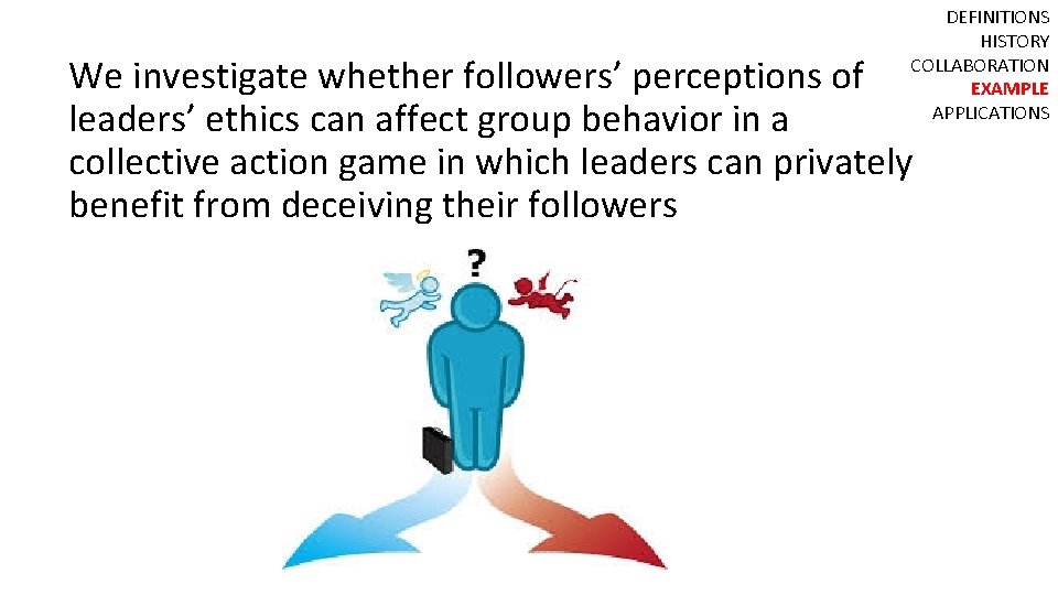 DEFINITIONS HISTORY COLLABORATION EXAMPLE APPLICATIONS We investigate whether followers’ perceptions of leaders’ ethics can