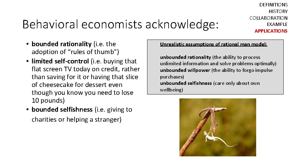 Behavioral economists acknowledge: • bounded rationality (i. e. the adoption of “rules of thumb”)