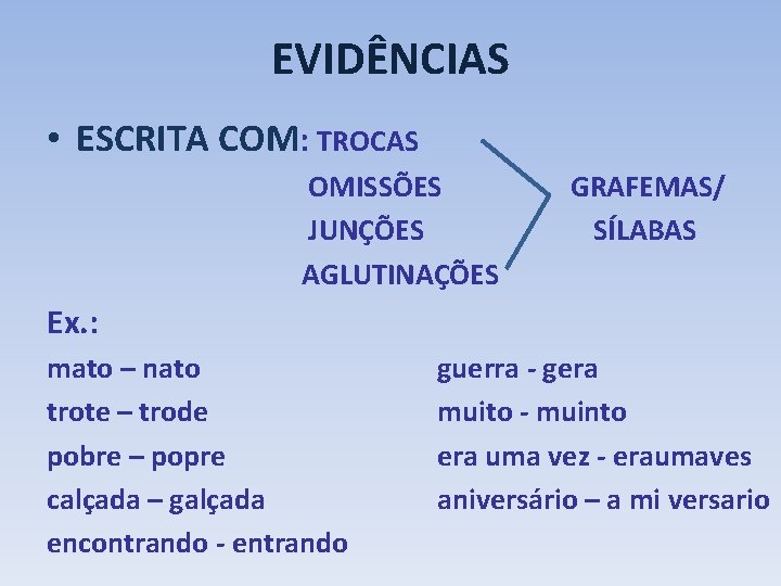 EVIDÊNCIAS • ESCRITA COM: TROCAS OMISSÕES JUNÇÕES AGLUTINAÇÕES GRAFEMAS/ SÍLABAS Ex. : mato –