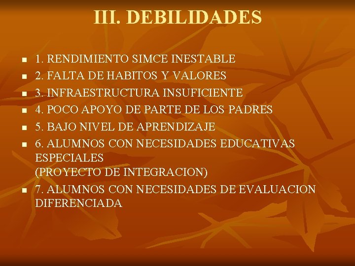 III. DEBILIDADES n n n n 1. RENDIMIENTO SIMCE INESTABLE 2. FALTA DE HABITOS III. DEBILIDADES n n n n 1. RENDIMIENTO SIMCE INESTABLE 2. FALTA DE HABITOS