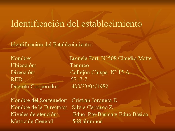 Identificación del establecimiento Identificación del Establecimiento: Nombre: Ubicación: Dirección: RED: Decreto Cooperador: Nombre del Identificación del establecimiento Identificación del Establecimiento: Nombre: Ubicación: Dirección: RED: Decreto Cooperador: Nombre del