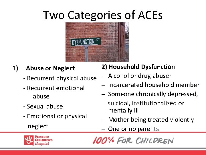 Two Categories of ACEs 2) Household Dysfunction 1) Abuse or Neglect - Recurrent physical