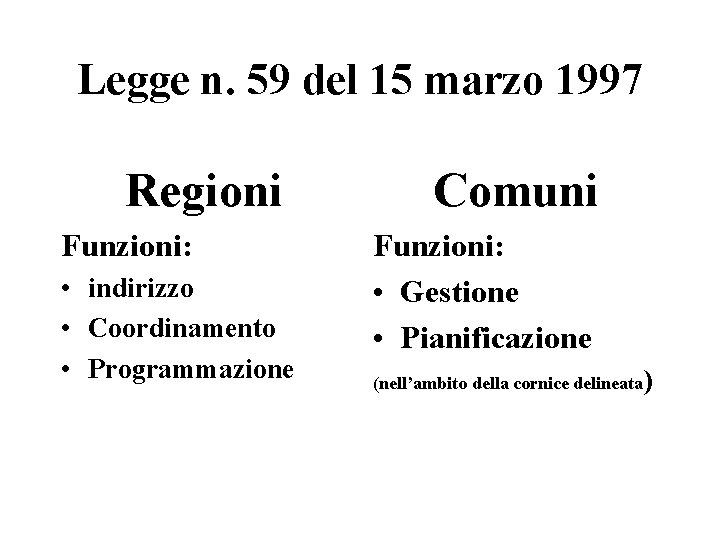 Legge n. 59 del 15 marzo 1997 Regioni Funzioni: • indirizzo • Coordinamento •