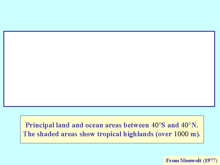 Principal land ocean areas between 40°S and 40°N. The shaded areas show tropical highlands