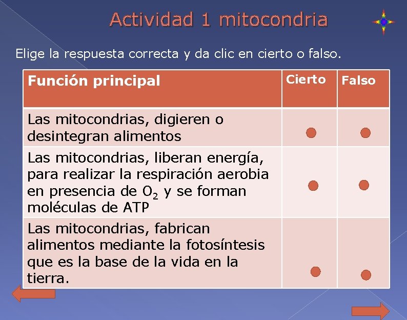 Actividad 1 mitocondria Elige la respuesta correcta y da clic en cierto o falso.