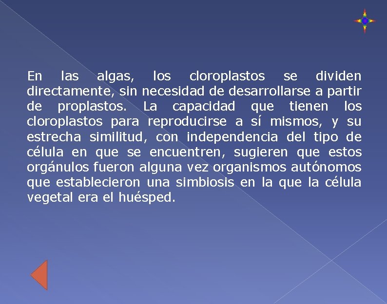 En las algas, los cloroplastos se dividen directamente, sin necesidad de desarrollarse a partir