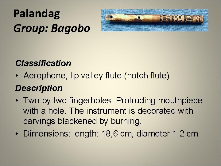 Palandag Group: Bagobo Classification • Aerophone, lip valley flute (notch flute) Description • Two