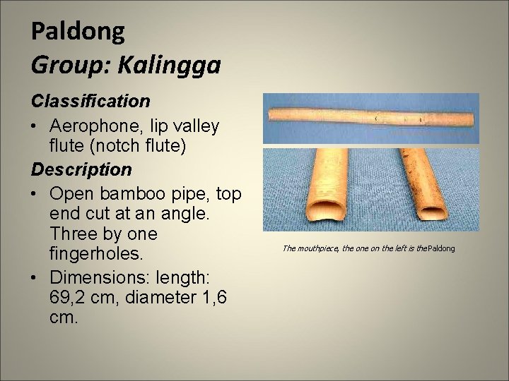 Paldong Group: Kalingga Classification • Aerophone, lip valley flute (notch flute) Description • Open