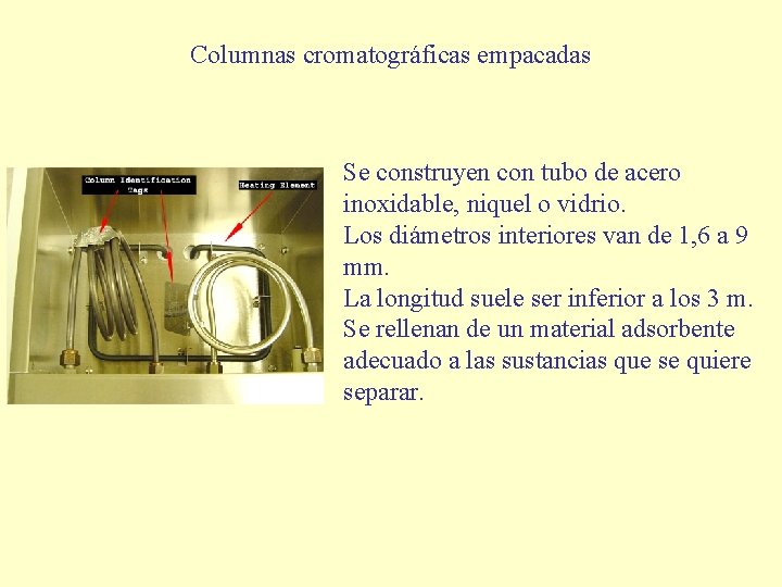 Columnas cromatográficas empacadas Se construyen con tubo de acero inoxidable, niquel o vidrio. Los