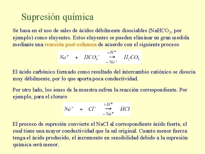 Supresión química Se basa en el uso de sales de ácidos débilmente disociables (Na.