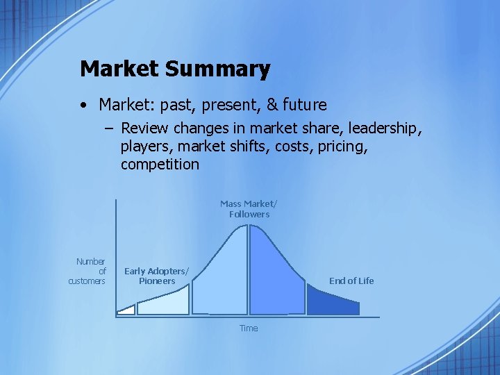 Market Summary • Market: past, present, & future – Review changes in market share,