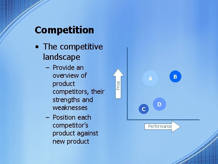 Competition • The competitive landscape B A Price – Provide an overview of product