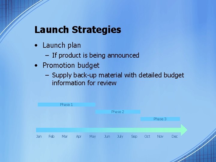 Launch Strategies • Launch plan – If product is being announced • Promotion budget