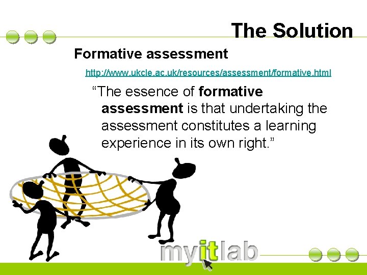 The Solution Formative assessment http: //www. ukcle. ac. uk/resources/assessment/formative. html “The essence of formative