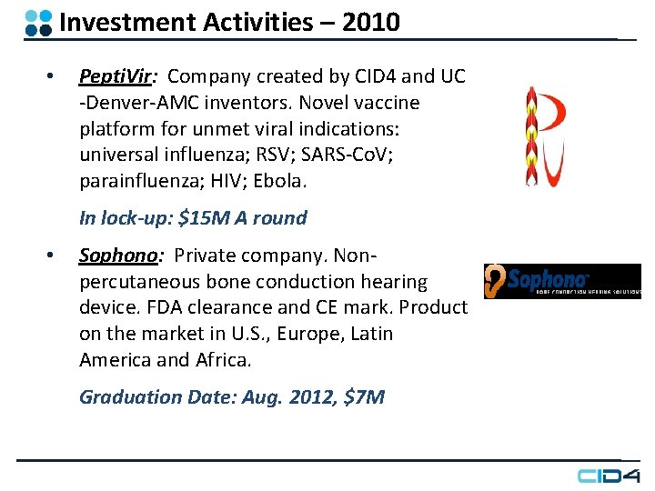 Investment Activities – 2010 • Pepti. Vir: Company created by CID 4 and UC Investment Activities – 2010 • Pepti. Vir: Company created by CID 4 and UC