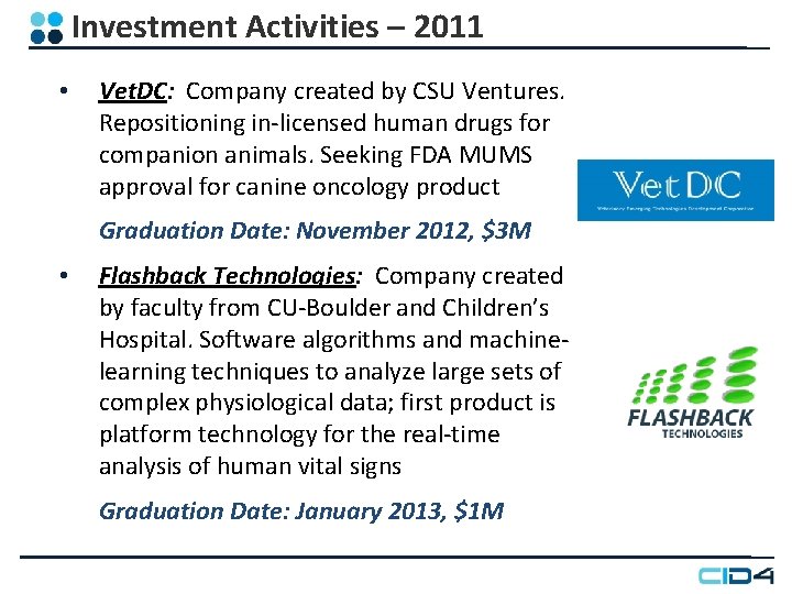 Investment Activities – 2011 • Vet. DC: Company created by CSU Ventures. Repositioning in-licensed Investment Activities – 2011 • Vet. DC: Company created by CSU Ventures. Repositioning in-licensed
