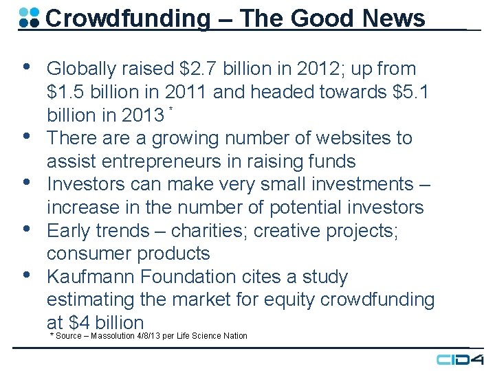 Crowdfunding – The Good News • • • Globally raised $2. 7 billion in Crowdfunding – The Good News • • • Globally raised $2. 7 billion in