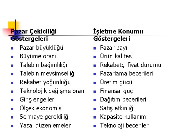 Pazar Çekiciliği Göstergeleri n n n n n Pazar büyüklüğü Büyüme oranı Talebin bağımlılığı